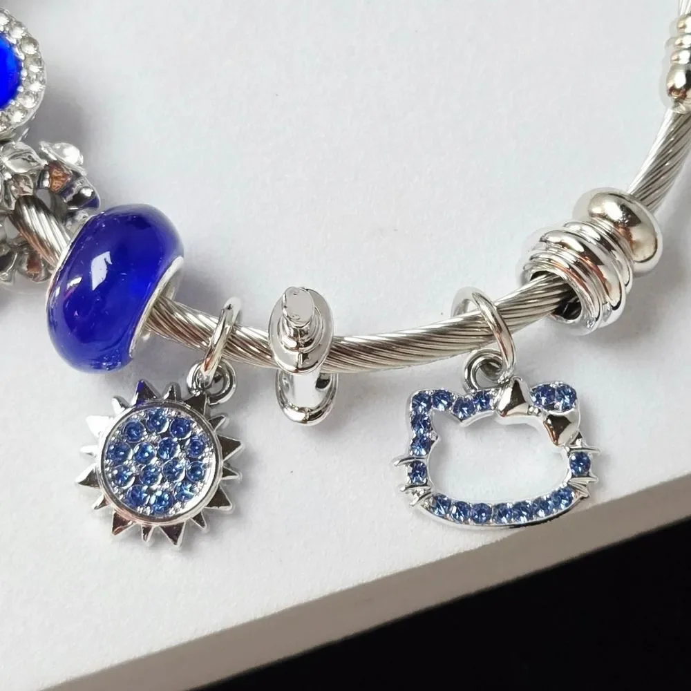 Hello Kitty Charm Bracelet Blue Rhinestone Silver Bangle Sanrio Kawaii Y2K Set
